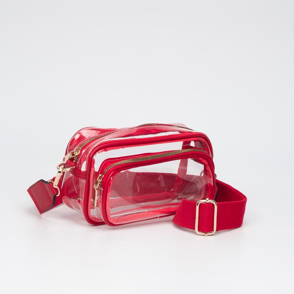 Clear Crossbody Bag With Vegan Leather Trim & Clear Outer Pockets - Zip Closure - Removable Vegan Leather Crossbody Strap - Approximately 8" L X 5" T X 3" D - Strap Drop 34" - 51" L view 2