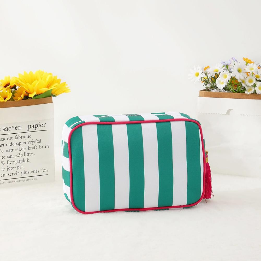 Striped Nylon Padded Pouch With Tassels - Full Zip Closure - Lined Body - Approximately 9.25" L X 6.25" T X 2.5" D view 2