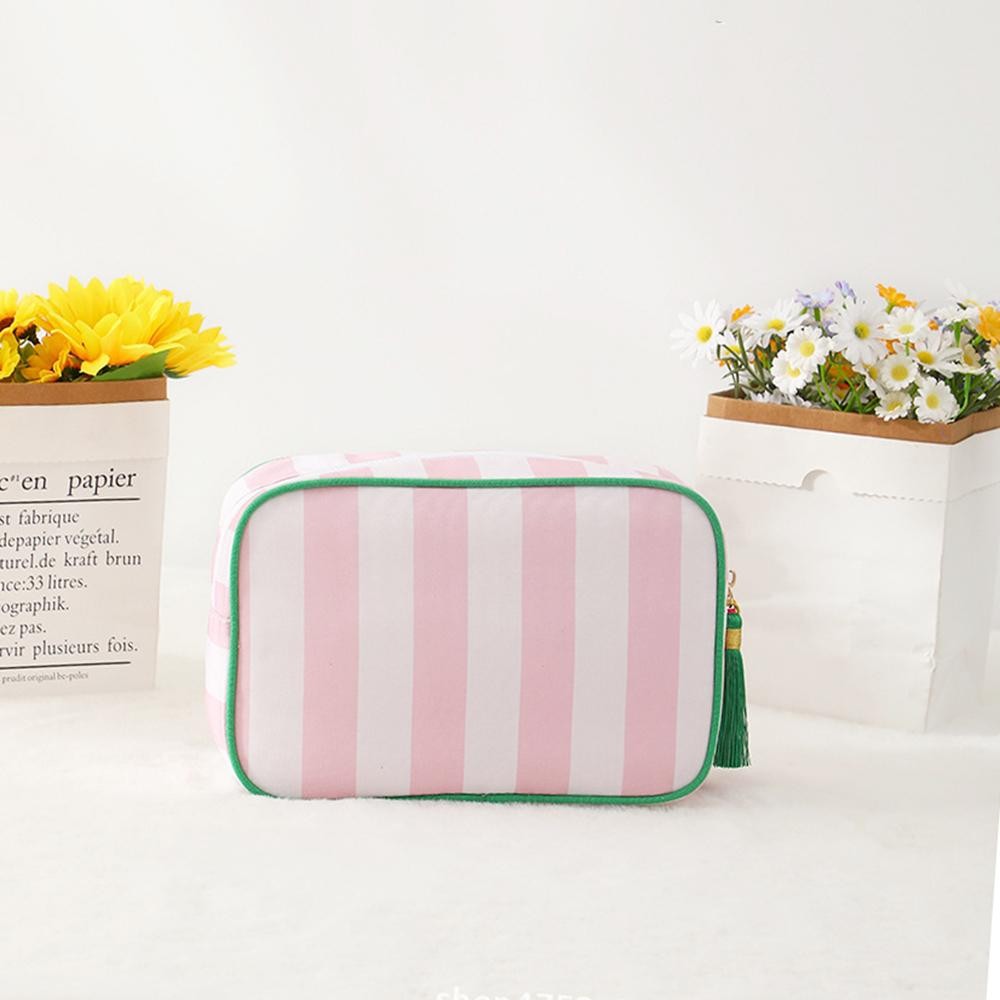 Striped Nylon Padded Pouch With Tassels - Full Zip Closure - Lined Body - Approximately 9.25" L X 6.25" T X 2.5" D view 2