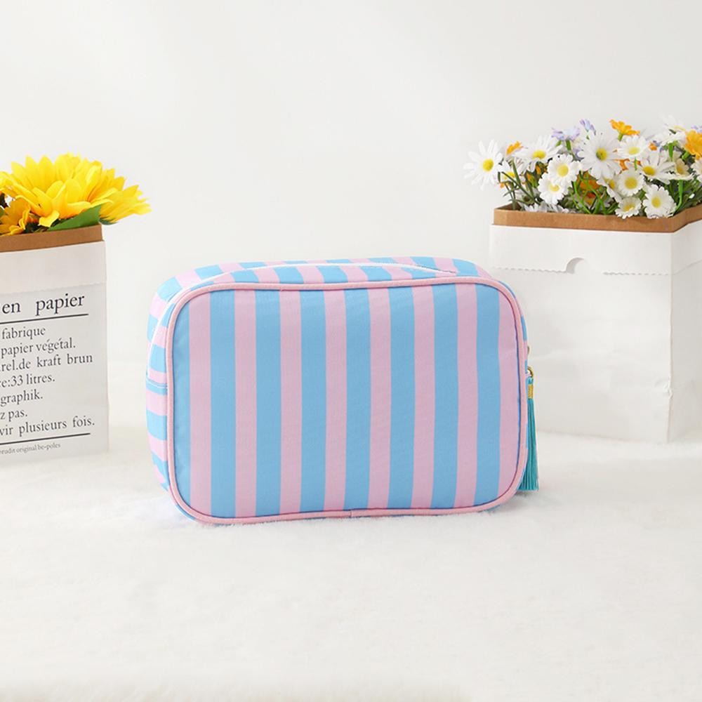 Striped Nylon Padded Pouch With Tassels - Full Zip Closure - Lined Body - Approximately 9.25" L X 6.25" T X 2.5" D view 2