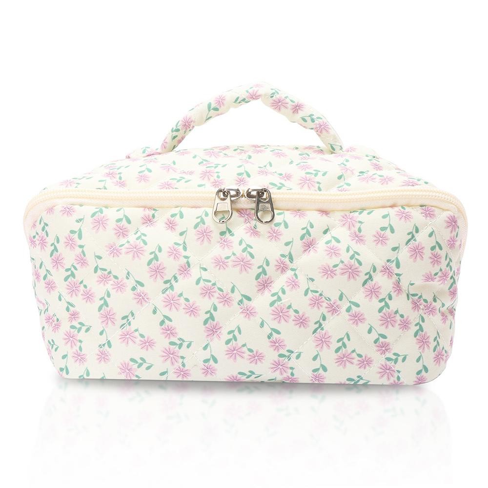 Quilted Print Makeup Bag - Full Zip Closure - 3 Internal Pockets & 1 Zip Brush Pocket - Approximately 9” L X 5” T X 4” D view 2