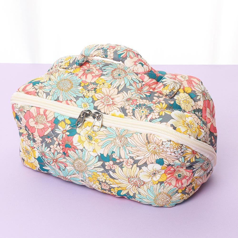 Quilted Print Makeup Bag - Full Zip Closure - 3 Internal Pockets & 1 Zip Brush Pocket - Approximately 9” L X 5” T X 4” D view 2