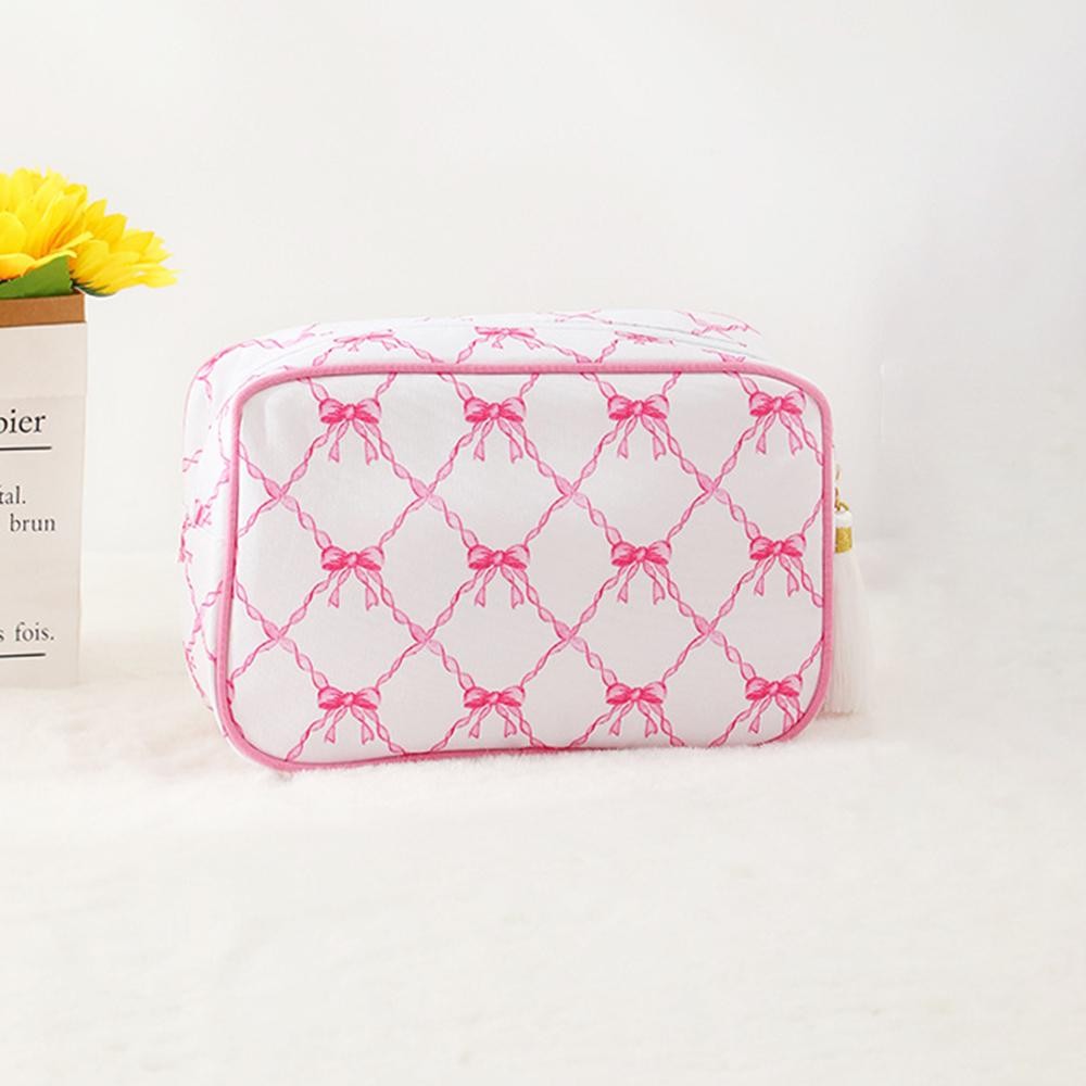 Canvas Bow Printed Pouch With Tassels - Full Zip Closure - Approximately 9” L X 6” T X 2.5” D view 2