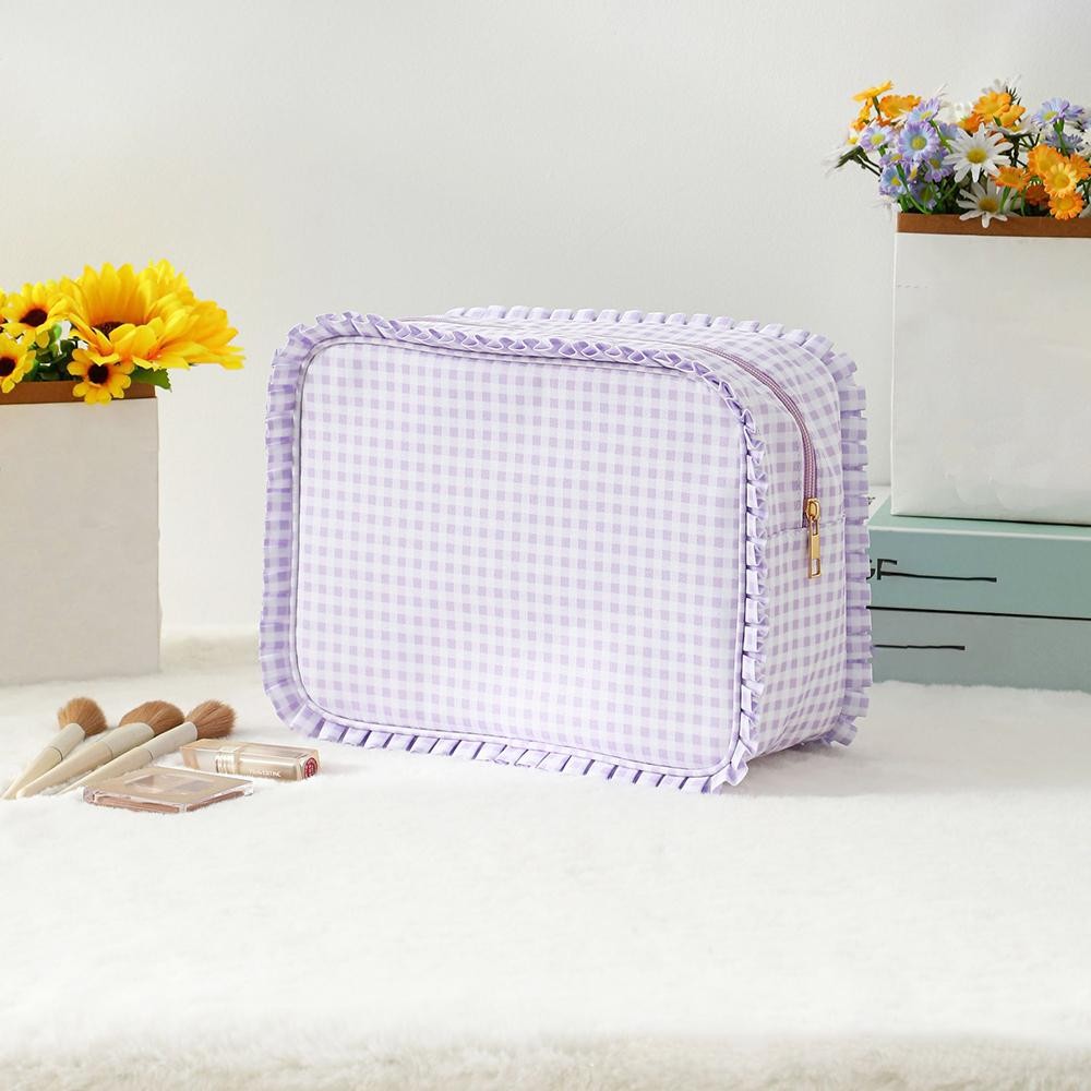 Nylon Gingham Pouch With Ruffe Edges - Fill Zip Closure - Lined Body with Open Pocket - Approximately 10.5" L X 7" T X 3.5" D view 2