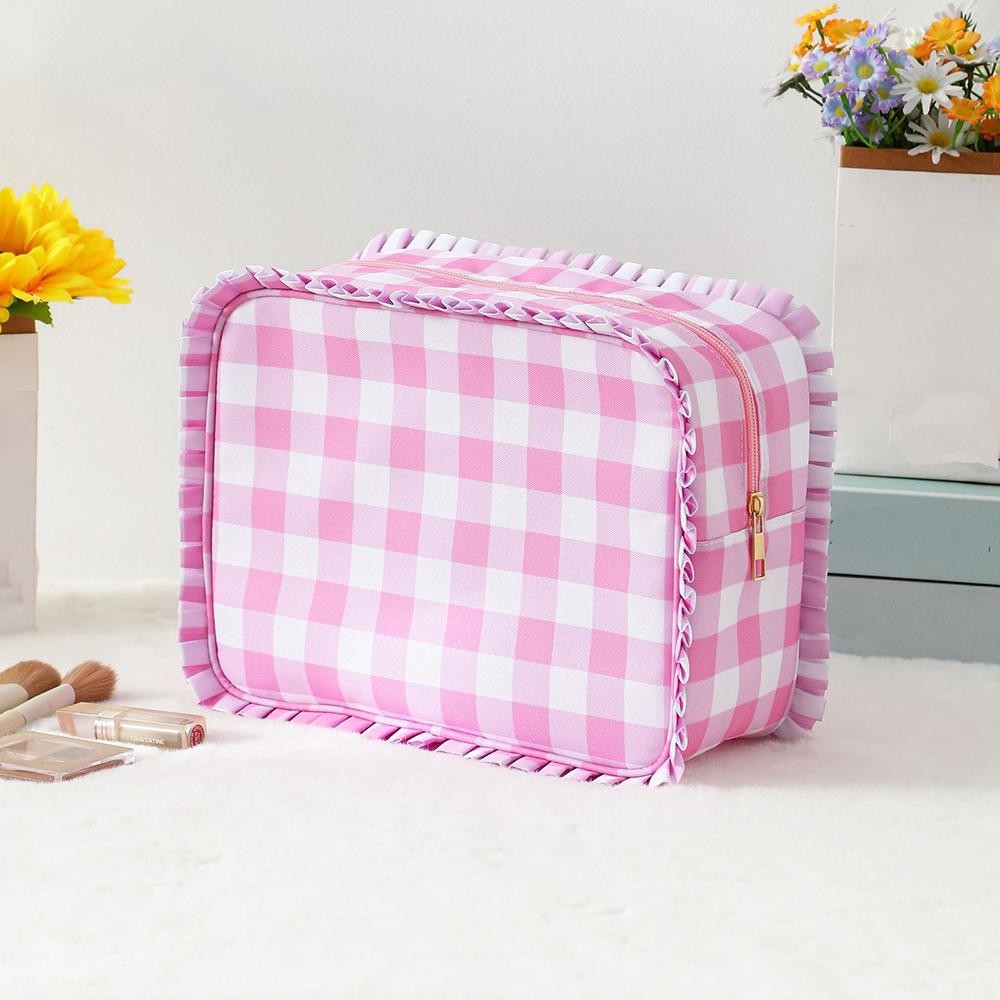 Nylon Gingham Pouch With Ruffe Edges - Fill Zip Closure - Lined Body with Open Pocket - Approximately 10.5" L X 7" T X 3.5" D view 2