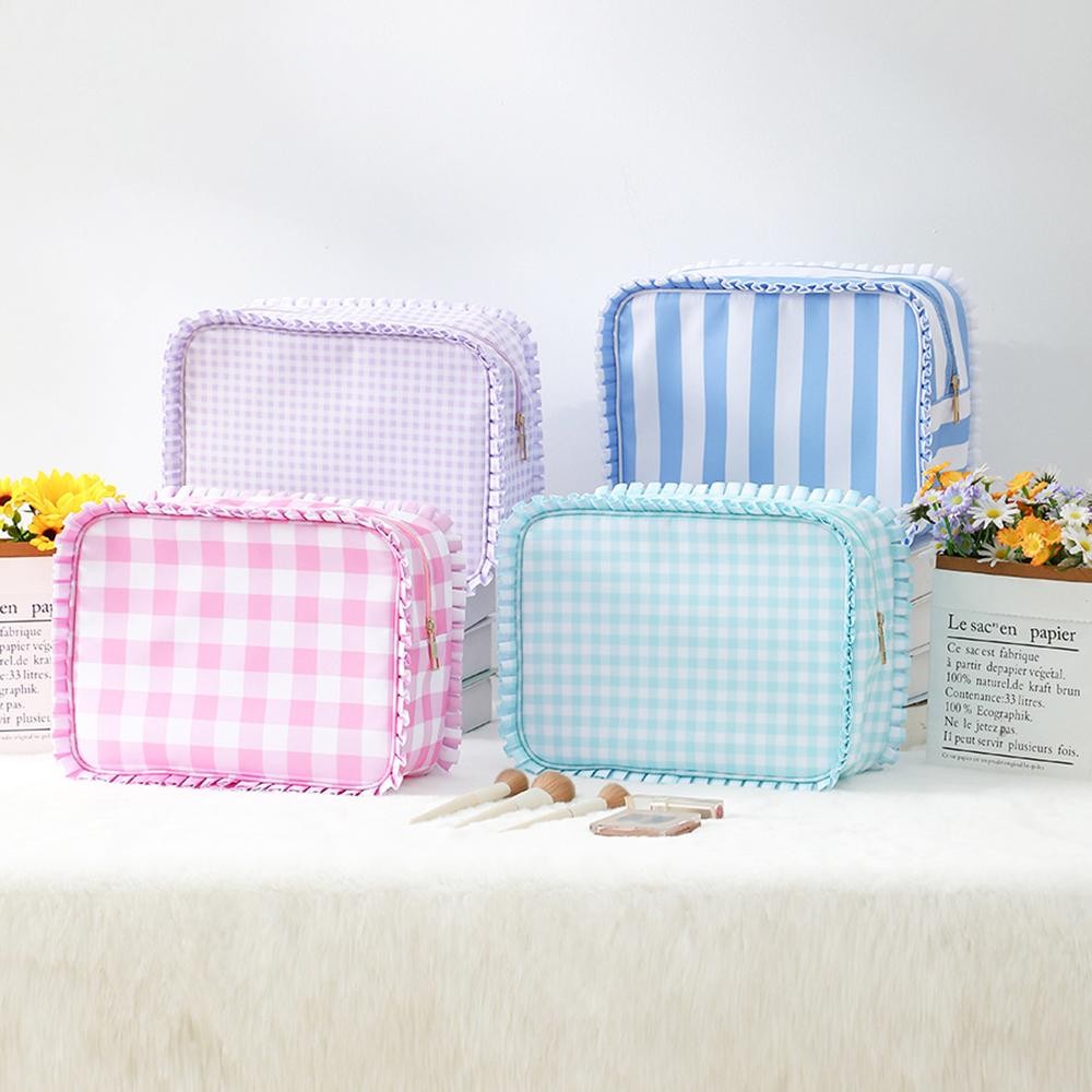 Nylon Gingham Pouch With Ruffe Edges - Fill Zip Closure - Lined Body with Open Pocket - Approximately 10.5" L X 7" T X 3.5" D view 4