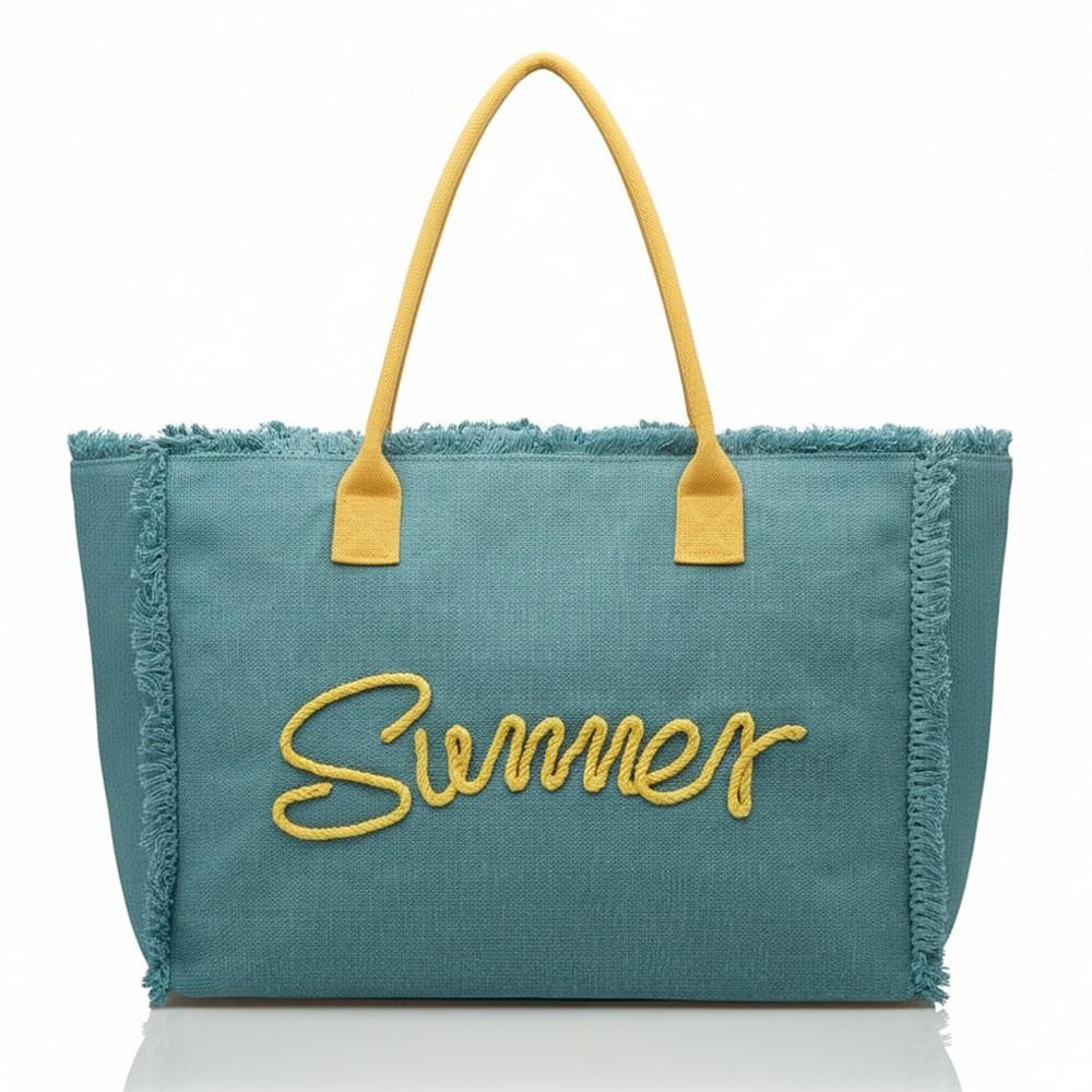 Sewn Rope 'Summer' Letter Fringed Canvas Tote Bag - Full Zipper Closure - Lined Body with Open Pocket - Approximately 17.5" W X 14"T X 5" D - 100% Polyester view 4