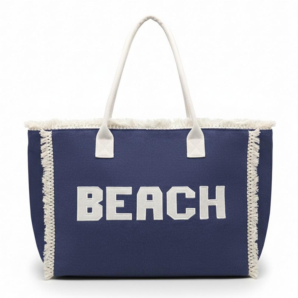 Canvas Tote Bag With "BEACH" Embroidered Canvas Patches Featuring Fringes Accents - Full Zipper Closure - Lined Body with Open Pocket - Approximately 22.5" L X 13.5" T X 5" D - Strap Drop 8" L - 100% Polyester view 4