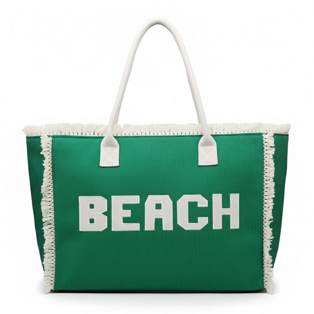 Canvas Tote Bag With "BEACH" Embroidered Canvas Patches Featuring Fringes Accents - Full Zipper Closure - Lined Body with Open Pocket - Approximately 22.5" L X 13.5" T X 5" D - Strap Drop 8" L - 100% Polyester view 4