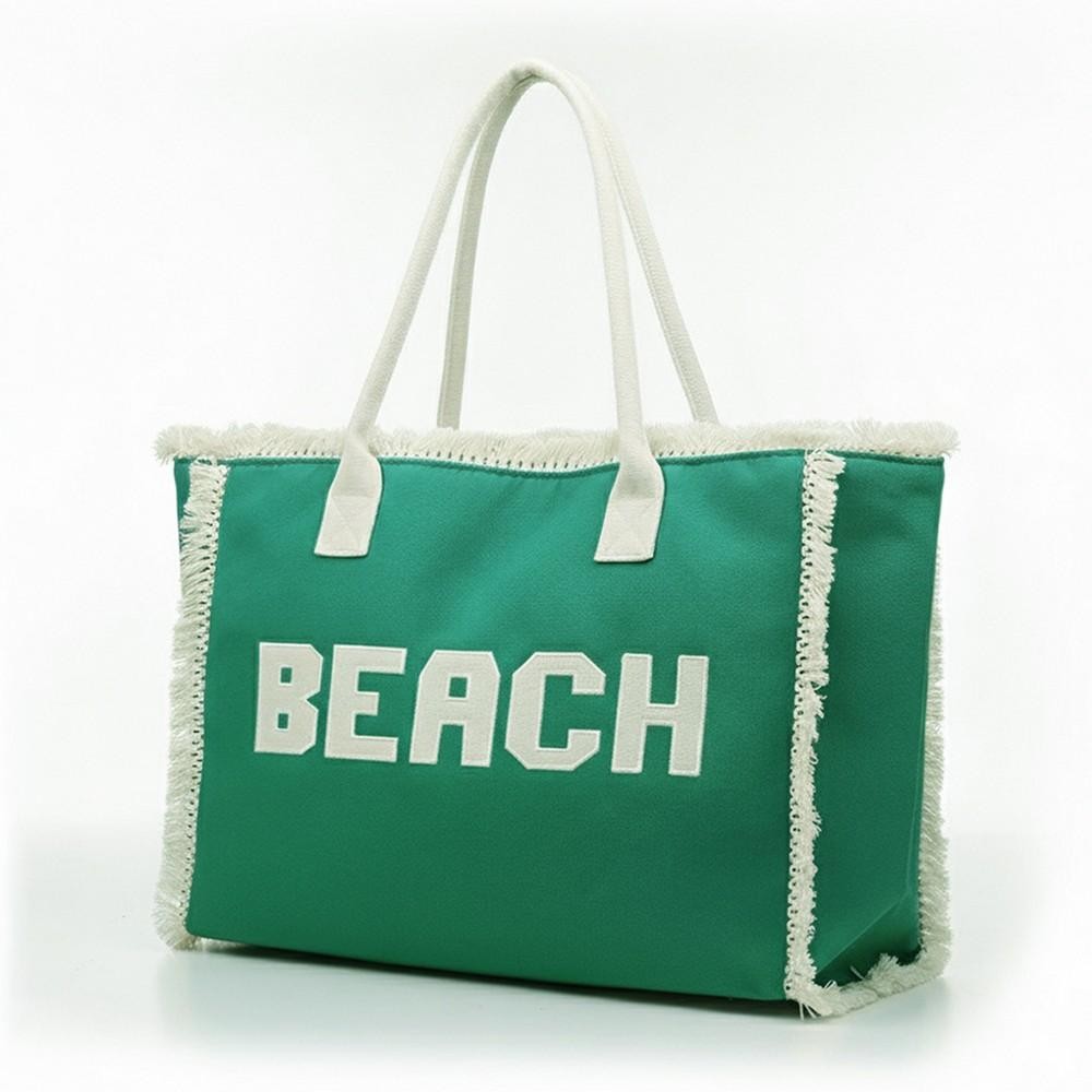 Canvas Tote Bag With "BEACH" Embroidered Canvas Patches Featuring Fringes Accents - Full Zipper Closure - Lined Body with Open Pocket - Approximately 22.5" L X 13.5" T X 5" D - Strap Drop 8" L - 100% Polyester view 6