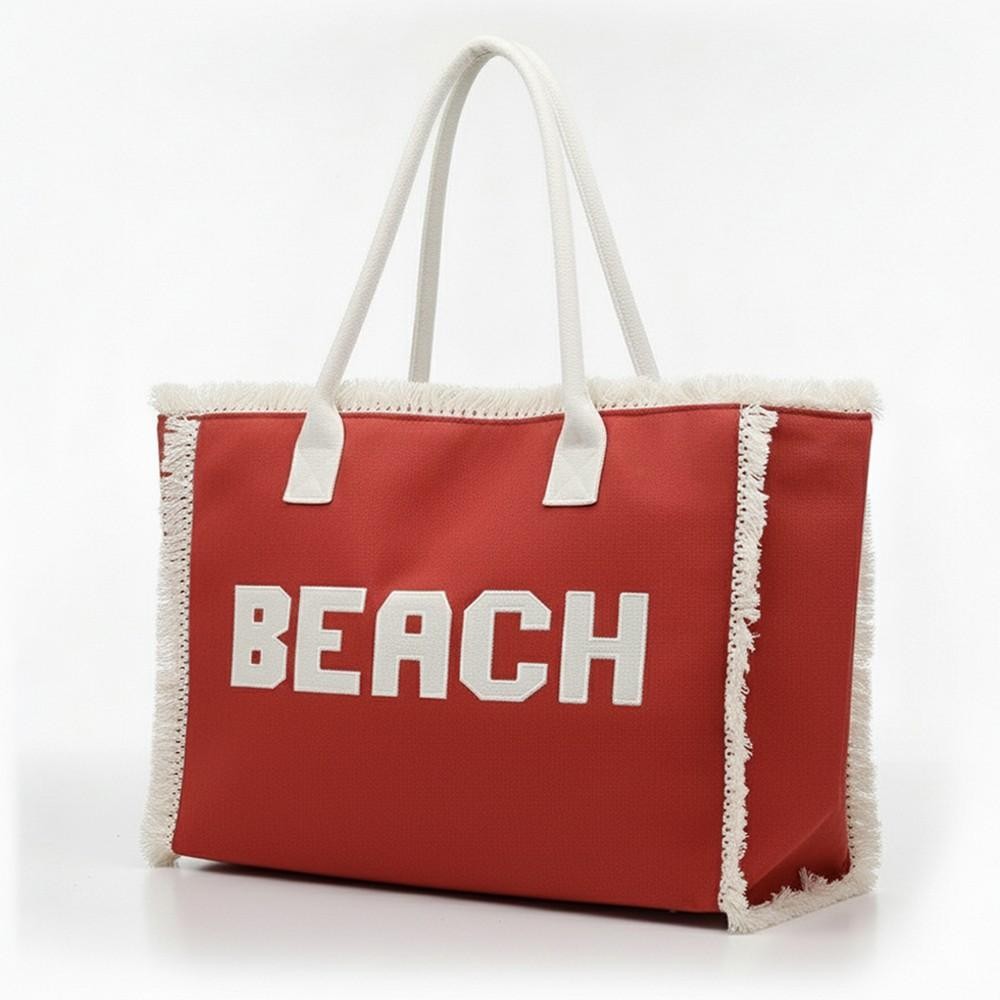 Canvas Tote Bag With "BEACH" Embroidered Canvas Patches Featuring Fringes Accents - Full Zipper Closure - Lined Body with Open Pocket - Approximately 22.5" L X 13.5" T X 5" D - Strap Drop 8" L - 100% Polyester view 6