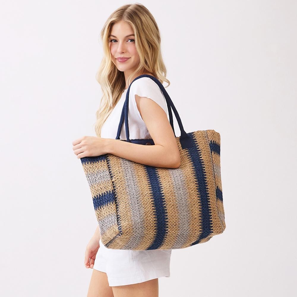 Multi Color Straw Tote Bag - Snap Closure - Lined Body with Open Pocket - Approximately 21" W X 14"T X 6" D - 100% Paper view 2