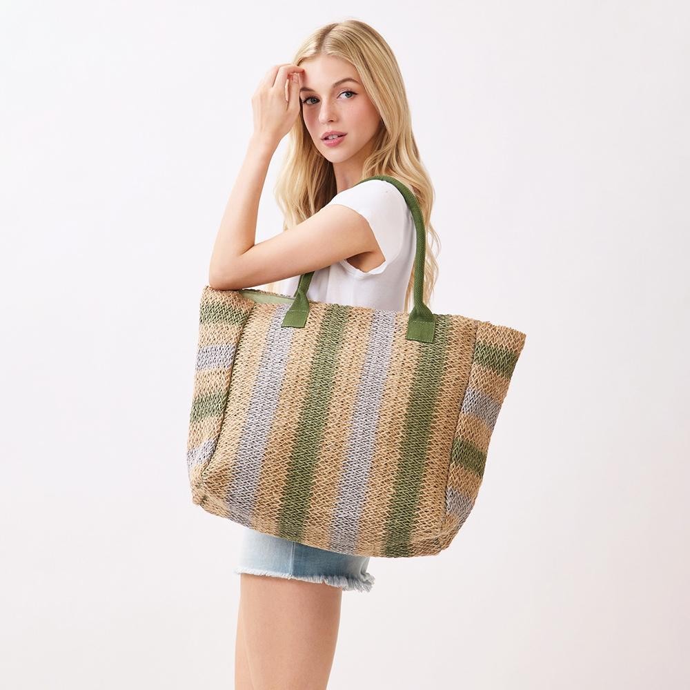 Multi Color Straw Tote Bag - Snap Closure - Lined Body with Open Pocket - Approximately 21" W X 14"T X 6" D - 100% Paper view 2
