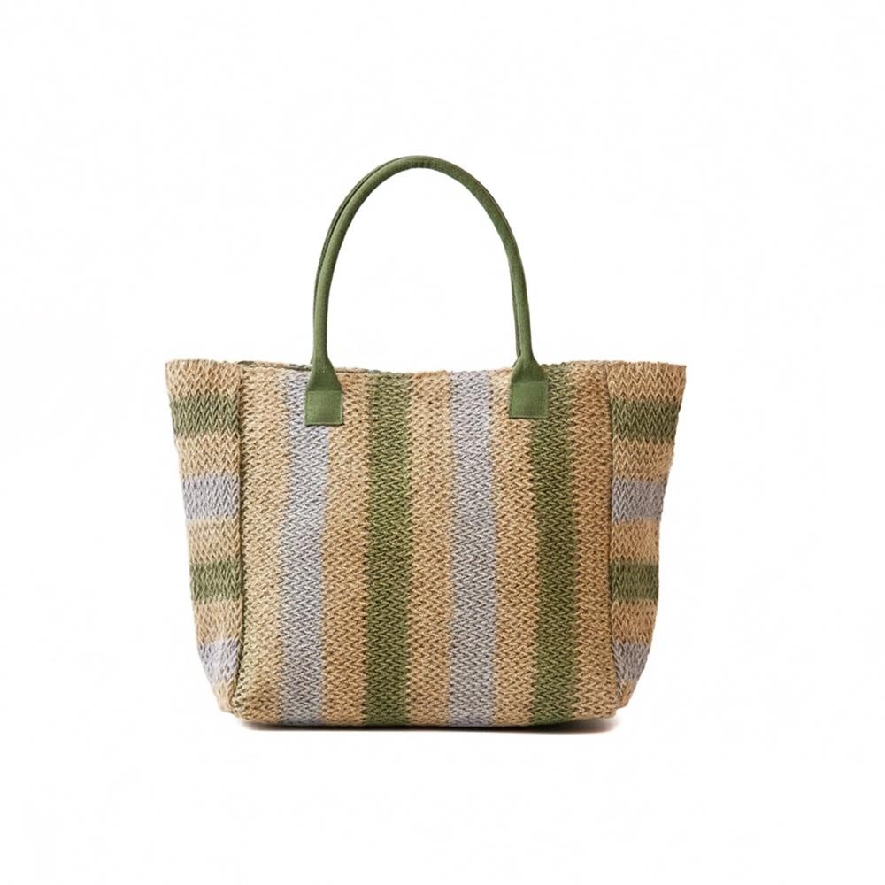 Multi Color Straw Tote Bag - Snap Closure - Lined Body with Open Pocket - Approximately 21" W X 14"T X 6" D - 100% Paper view 4