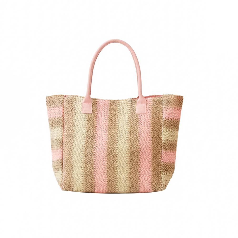 Multi Color Straw Tote Bag - Snap Closure - Lined Body with Open Pocket - Approximately 21" W X 14"T X 6" D - 100% Paper view 4