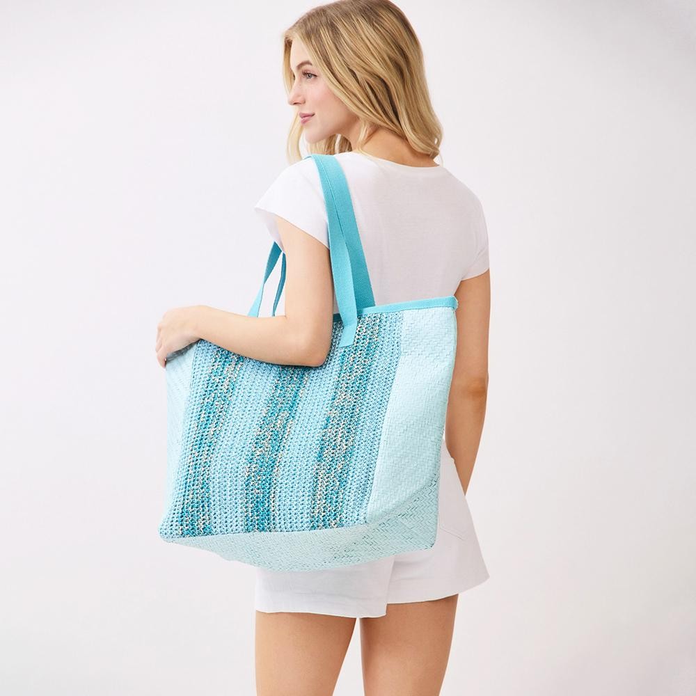 Nautical Stripe Tote Bag - Snap Closure - Lined Body with Open Pocket - Approximately 22" L X 14" T X 8" D - 100% Polyester view 6