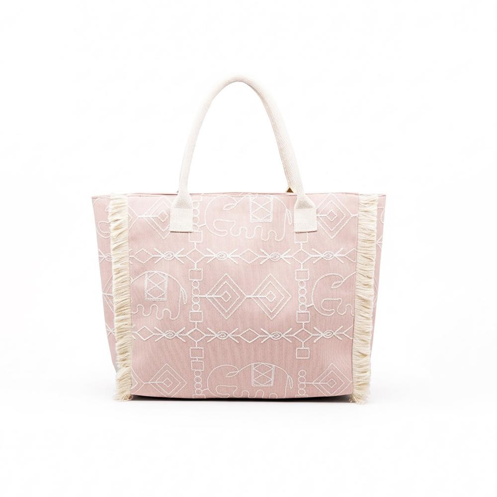 Boho Geometric Elephant Print Tote Bag With Fringe Detail - Full Zip Closure - Lined Body with Open Pocket - Approximately 21" L X 14.25" T X 5" D - 100% Polyester view 4