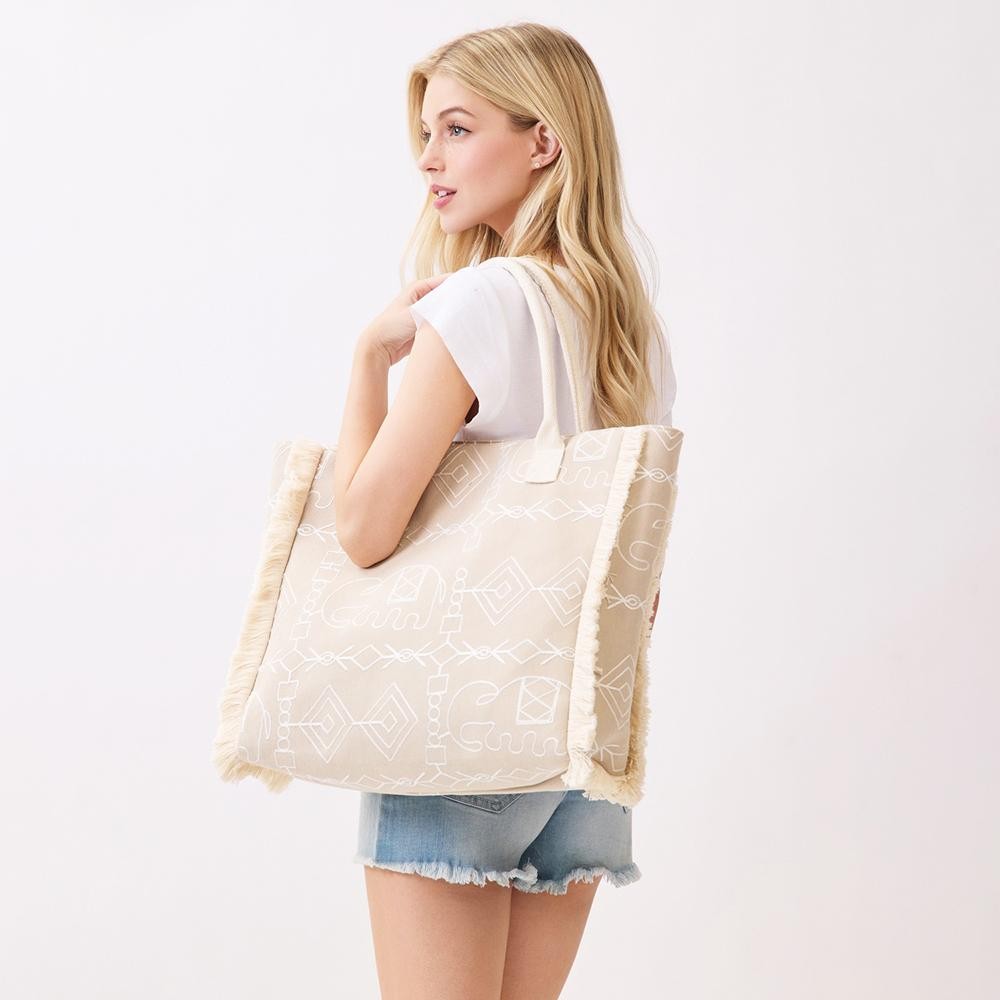 Boho Geometric Elephant Print Tote Bag With Fringe Detail - Full Zip Closure - Lined Body with Open Pocket - Approximately 21" L X 14.25" T X 5" D - 100% Polyester view 6