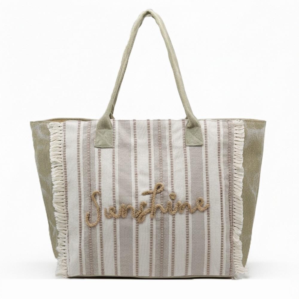 "Sunshine" Stripe Tote Bag With Fringe Detail - Snap Closure - Lined Body with Open Pocket - Approximately 21.5" L X 14" T X 6" D - 100% Polyester view 4