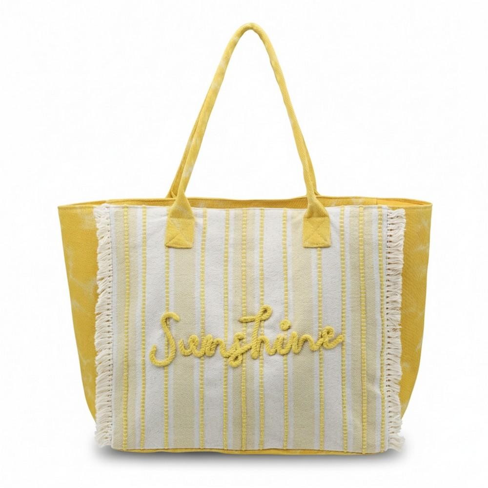 "Sunshine" Stripe Tote Bag With Fringe Detail - Snap Closure - Lined Body with Open Pocket - Approximately 21.5" L X 14" T X 6" D - 100% Polyester view 4