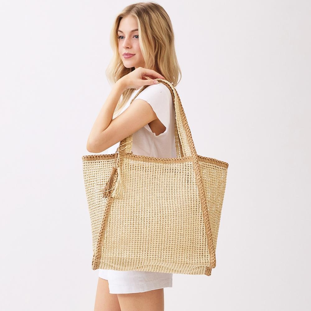 Two Tone Woven Straw Tote Bag With Tassel - Snap Closure - Lined Body with Open Pocket - Approximately 20.5" W X 13.5"T X 6" D - 100% Paper view 2