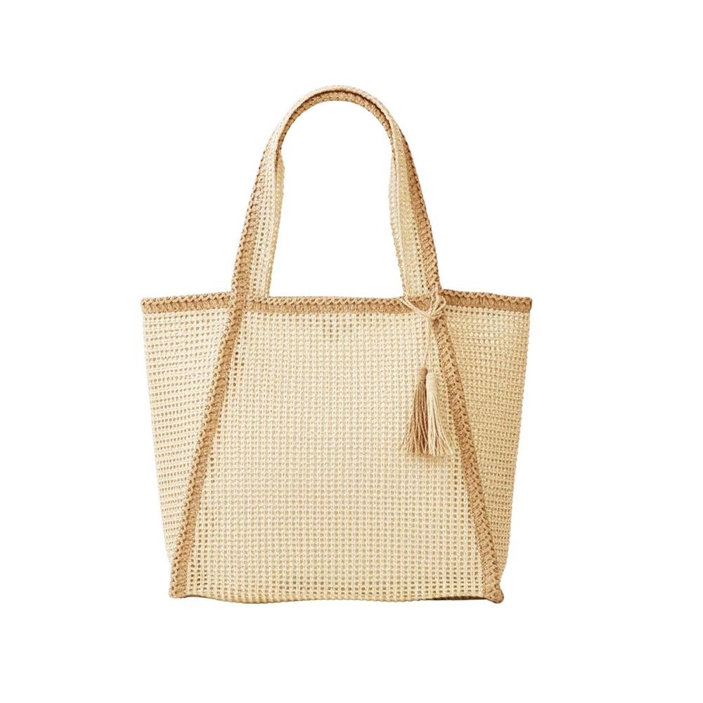 Two Tone Woven Straw Tote Bag With Tassel - Snap Closure - Lined Body with Open Pocket - Approximately 20.5" W X 13.5"T X 6" D - 100% Paper view 4