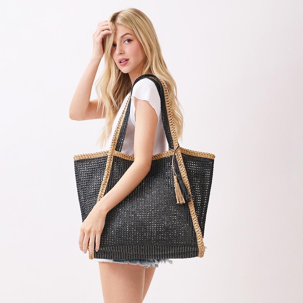 Two Tone Woven Straw Tote Bag With Tassel - Snap Closure - Lined Body with Open Pocket - Approximately 20.5" W X 13.5"T X 6" D - 100% Paper view 2