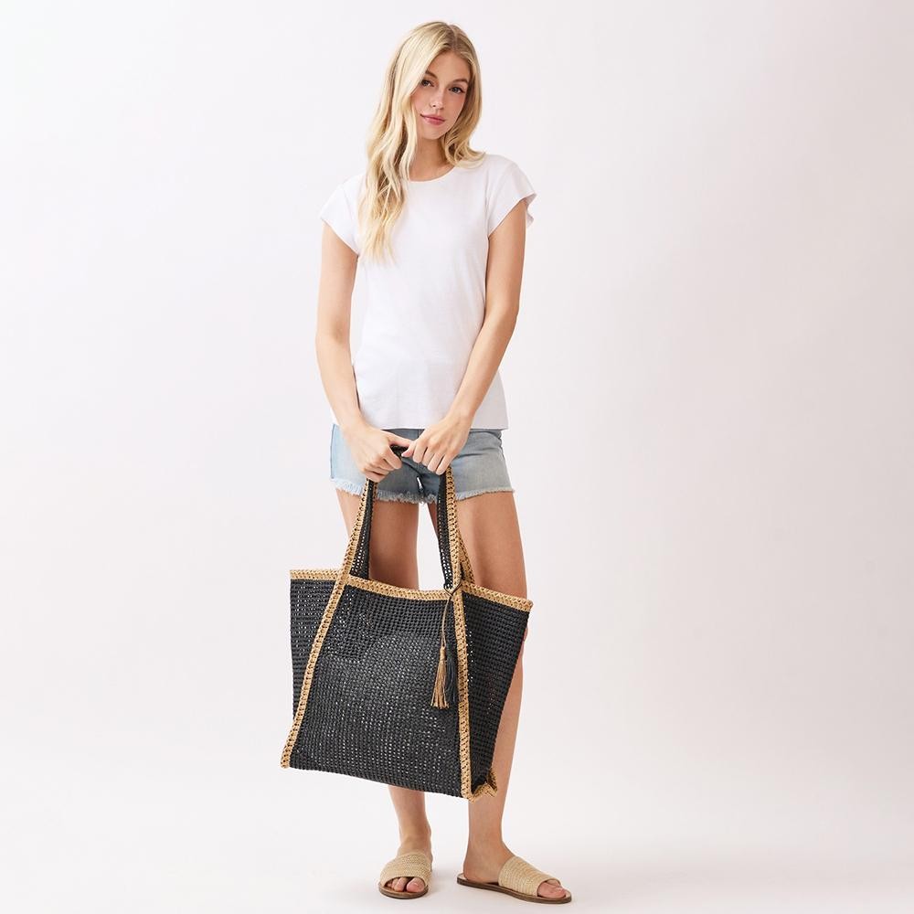 Two Tone Woven Straw Tote Bag With Tassel - Snap Closure - Lined Body with Open Pocket - Approximately 20.5" W X 13.5"T X 6" D - 100% Paper view 6