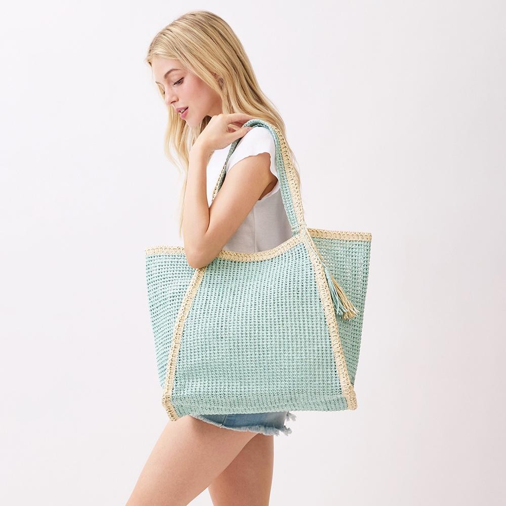 Two Tone Woven Straw Tote Bag With Tassel - Snap Closure - Lined Body with Open Pocket - Approximately 20.5" W X 13.5"T X 6" D - 100% Paper view 2