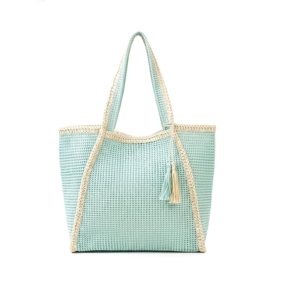 Two Tone Woven Straw Tote Bag With Tassel - Snap Closure - Lined Body with Open Pocket - Approximately 20.5" W X 13.5"T X 6" D - 100% Paper view 4