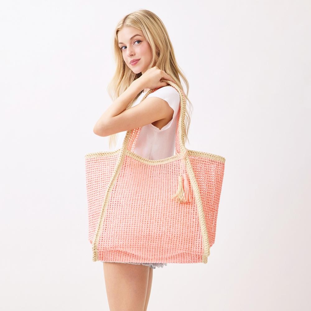 Two Tone Woven Straw Tote Bag With Tassel - Snap Closure - Lined Body with Open Pocket - Approximately 20.5" W X 13.5"T X 6" D - 100% Paper view 2