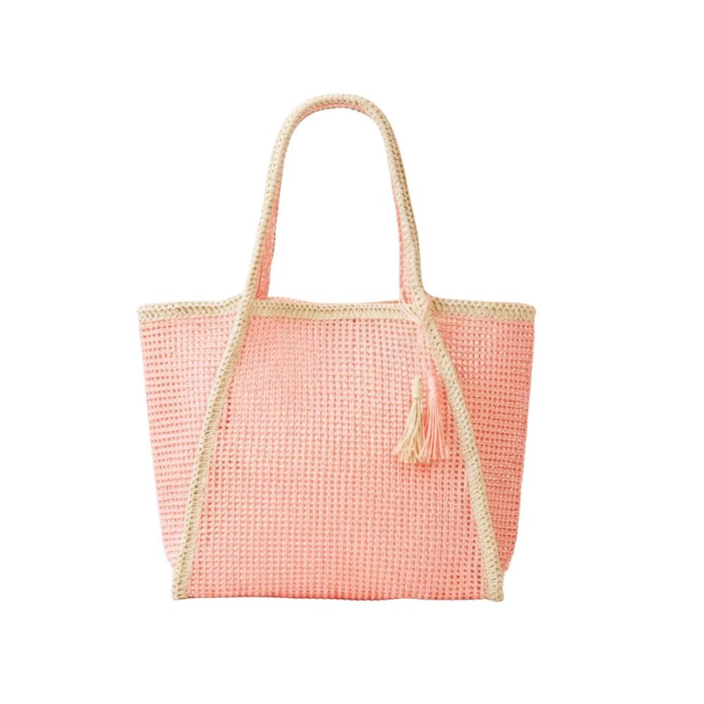 Two Tone Woven Straw Tote Bag With Tassel - Snap Closure - Lined Body with Open Pocket - Approximately 20.5" W X 13.5"T X 6" D - 100% Paper view 4