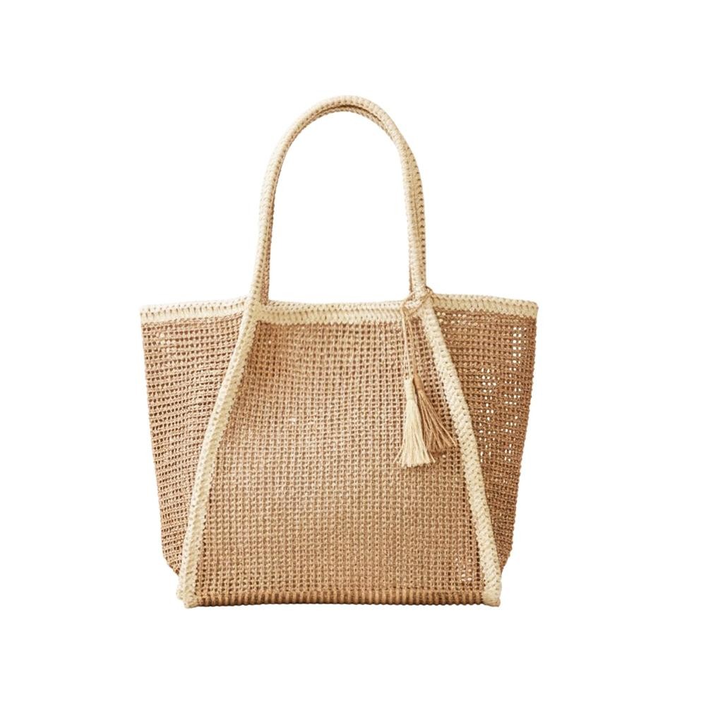 Two Tone Woven Straw Tote Bag With Tassel - Snap Closure - Lined Body with Open Pocket - Approximately 20.5" W X 13.5"T X 6" D - 100% Paper view 4
