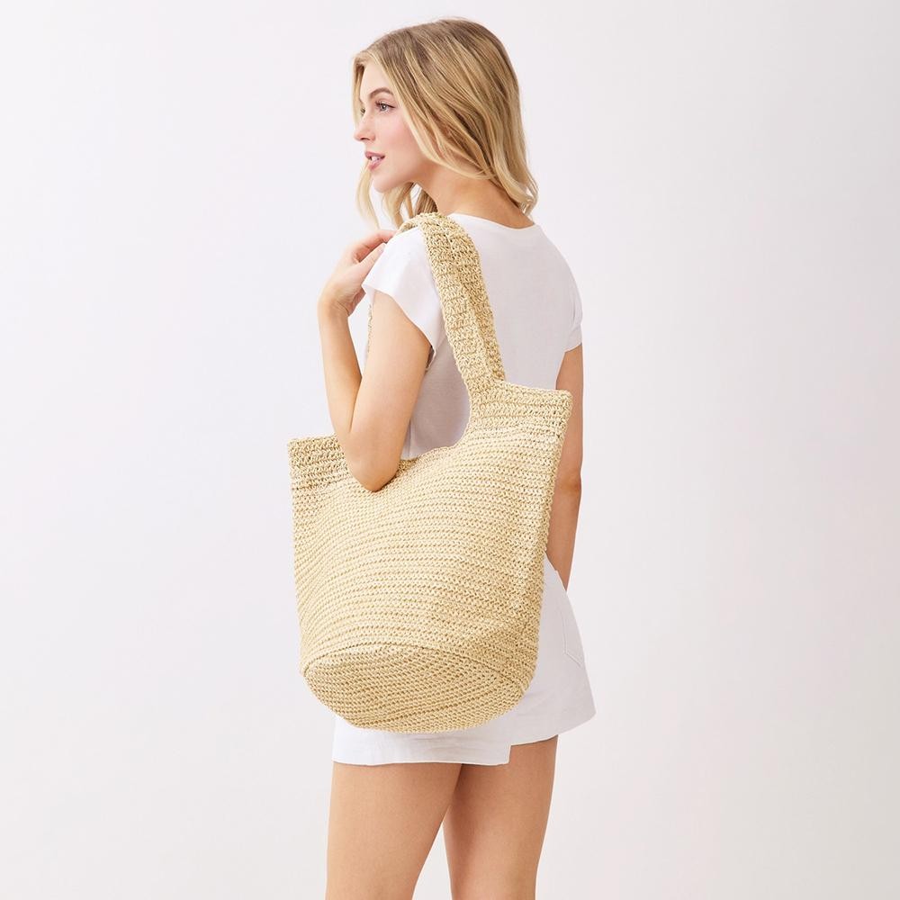 Round Bottom Woven Straw Tote Bag - Snap Closure - Lined Body with Open Pocket - Approximately 20" L X 14" T X 5.5" D - 100% Paper view 6