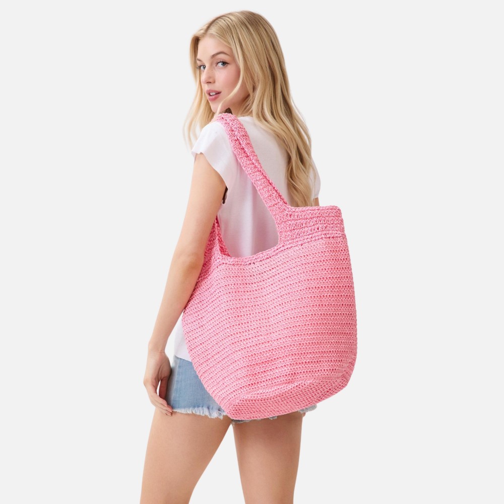 Round Bottom Woven Straw Tote Bag - Snap Closure - Lined Body with Open Pocket - Approximately 20" L X 14" T X 5.5" D - 100% Paper view 6