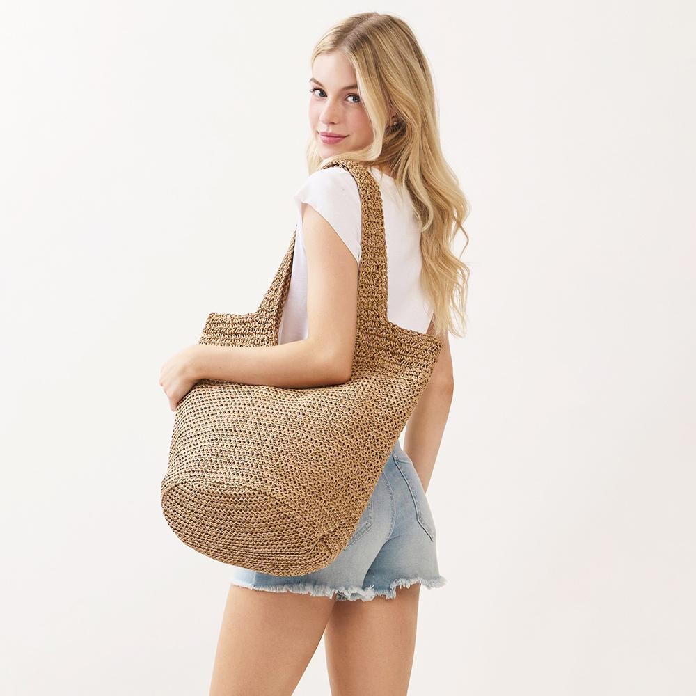 Round Bottom Woven Straw Tote Bag - Snap Closure - Lined Body with Open Pocket - Approximately 20" L X 14" T X 5.5" D - 100% Paper view 6
