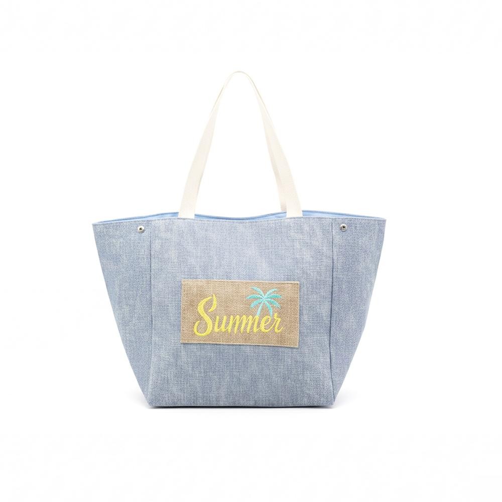 2 In 1 Shoulder & Bucket Style Canvas Tote Bag With Burlap Patch Detail - Snap Closure - Lined Body with Open Pocket - Approximately 22" L X 13" T X 9.5" D - 90% Polyester / 10% Burlap view 6