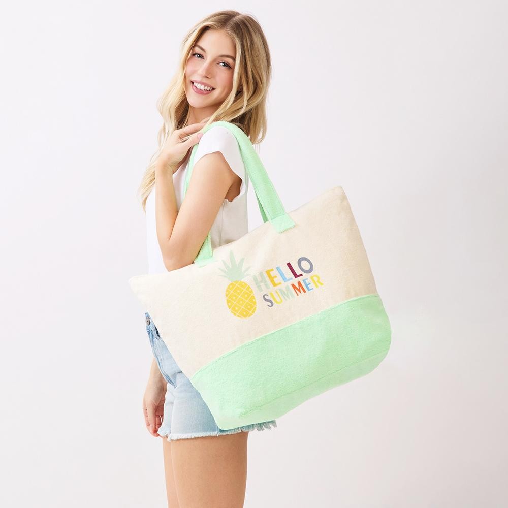 "Hello Summer" & Pineapple Print Terry Cloth Tote Bag - Full Zip Closure - Lined Body with Open Pocket - Approximately 22" L X 16" T X 6" D - 80% Polyester / 20% Polyamide view 2