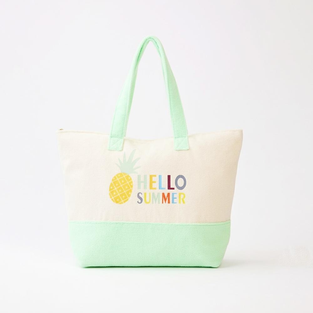 "Hello Summer" & Pineapple Print Terry Cloth Tote Bag - Full Zip Closure - Lined Body with Open Pocket - Approximately 22" L X 16" T X 6" D - 80% Polyester / 20% Polyamide view 4