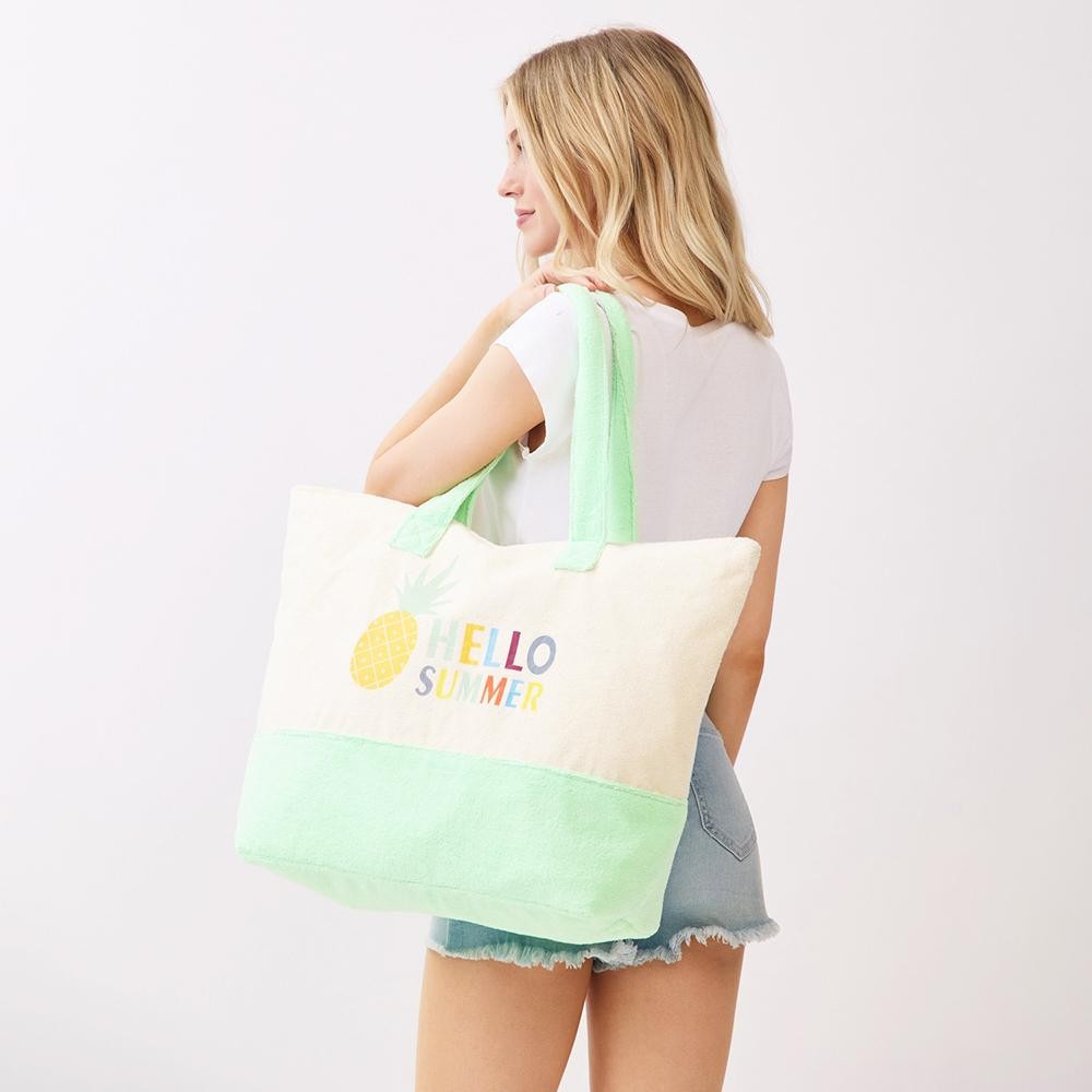 "Hello Summer" & Pineapple Print Terry Cloth Tote Bag - Full Zip Closure - Lined Body with Open Pocket - Approximately 22" L X 16" T X 6" D - 80% Polyester / 20% Polyamide view 6