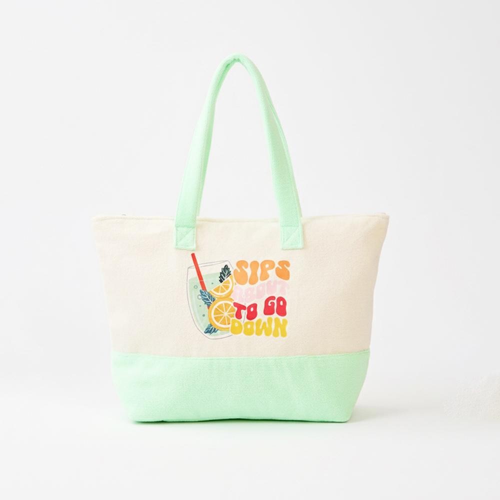 "Sips About To Go Down" Print Terry Cloth Tote Bag - Full Zip Closure - Lined Body with Open Pocket - Approximately 22" L X 16" T X 6" D - 80% Polyester / 20% Polyamide view 4
