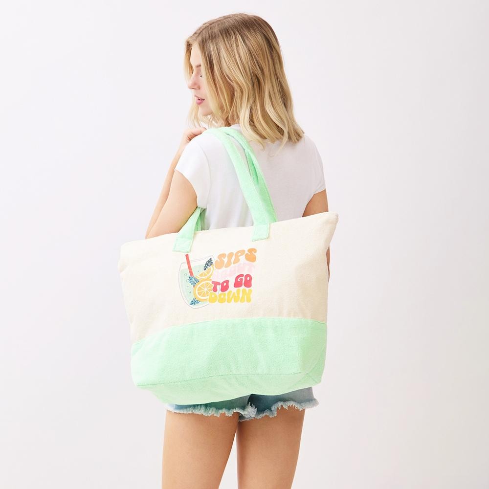 "Sips About To Go Down" Print Terry Cloth Tote Bag - Full Zip Closure - Lined Body with Open Pocket - Approximately 22" L X 16" T X 6" D - 80% Polyester / 20% Polyamide view 6