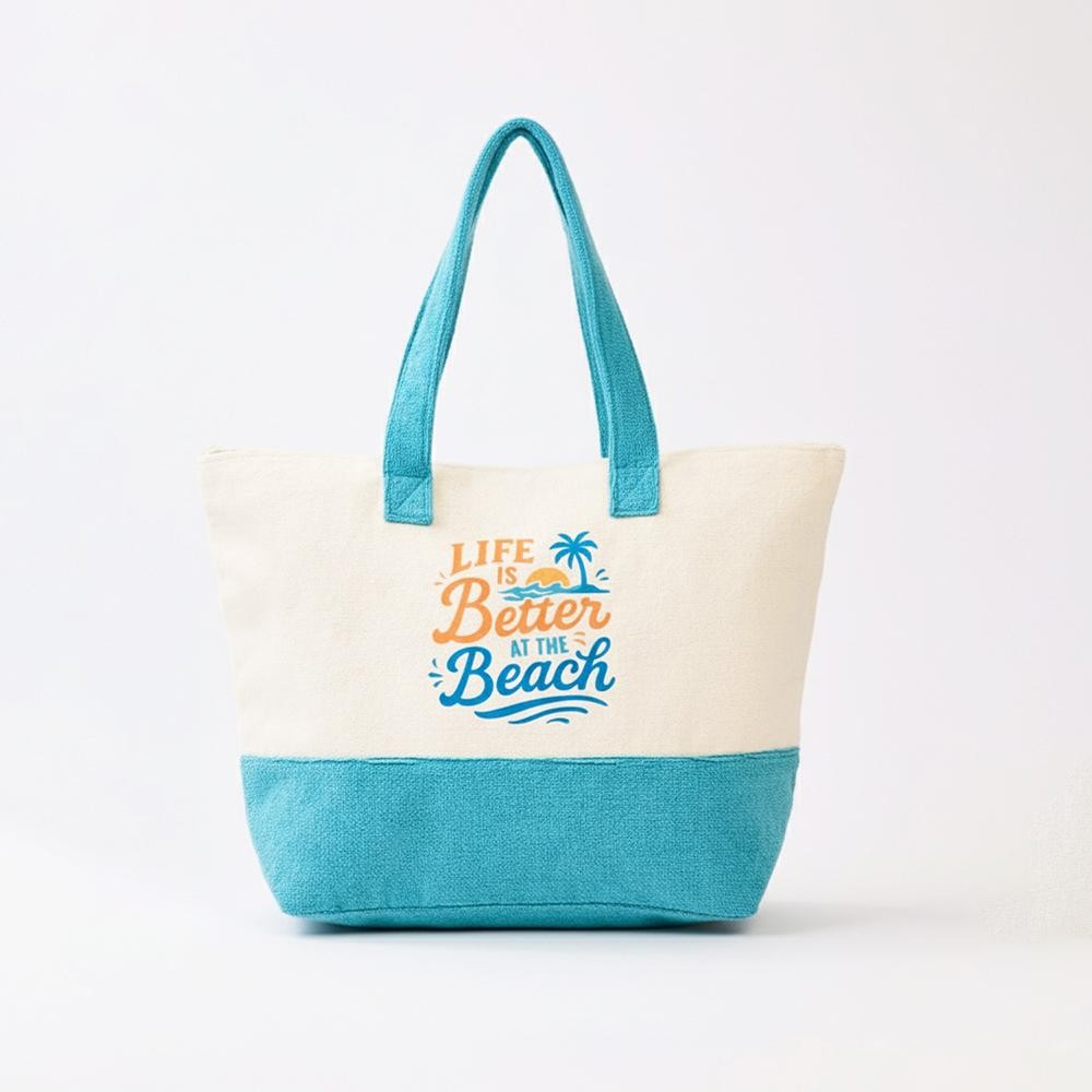"Life Is Better At The Beach" Print Terry Cloth Tote Bag - Full Zip Closure - Lined Body with Open Pocket - Approximately 22" L X 16" T X 6" D - 80% Polyester / 20% Polyamide view 4