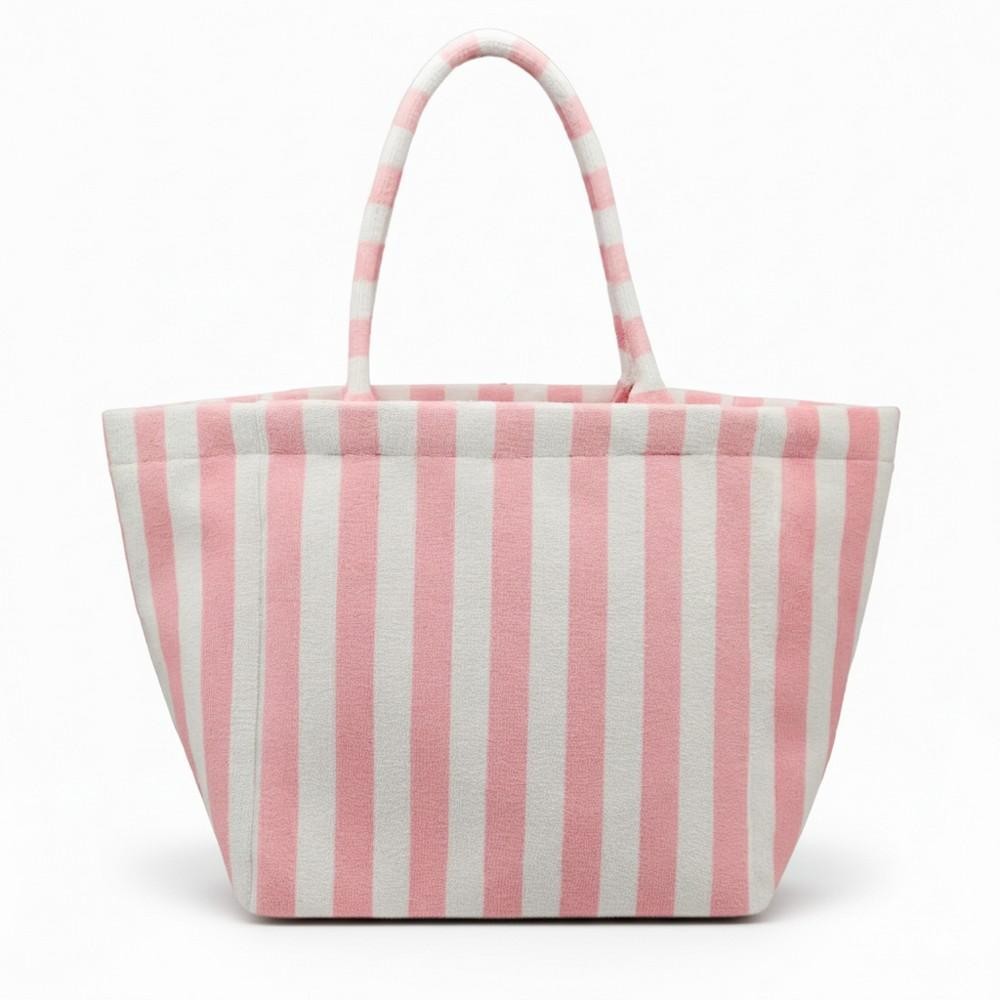 Striped Terry Cloth Tote Bag - Full Zip Closure - Lined Body with Open Pocket - Approximately 22" L X 16" T X 6" D - 80% Polyester / 20% Polyamide view 4