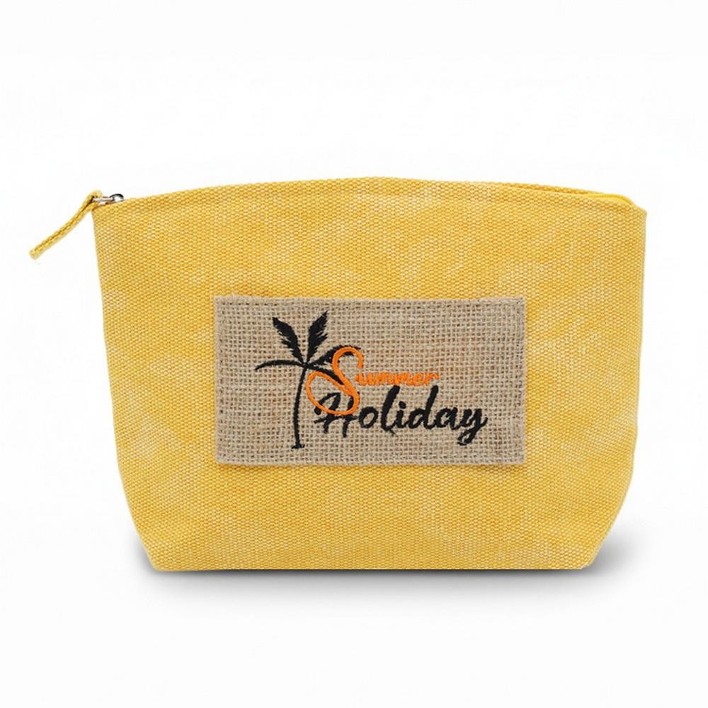 Canvas Pouch With "Summer Holiday" Burlap Patch Detail - Fill Zip Closure - Lined Body with Open Pocket - Approximately 9.5" L X 6" T X 2.5" D - 80% Polyester / 20% Burlap view 2