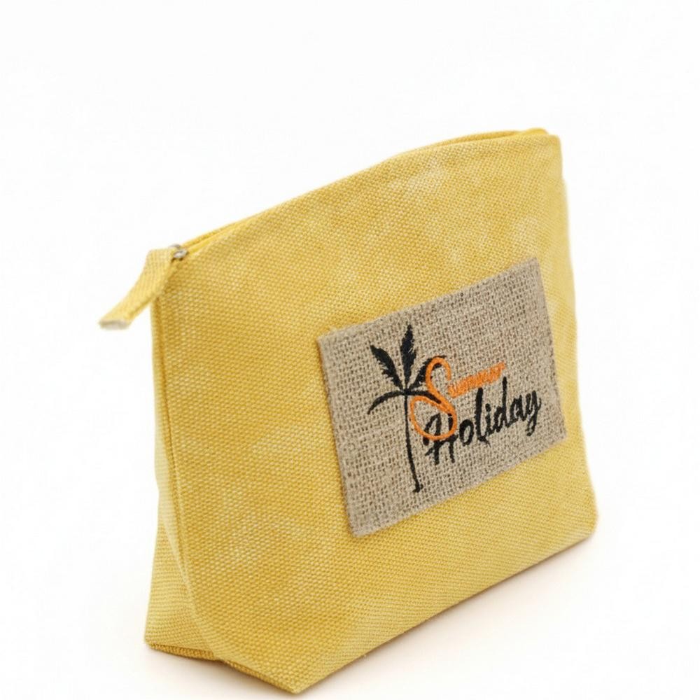 Canvas Pouch With "Summer Holiday" Burlap Patch Detail - Fill Zip Closure - Lined Body with Open Pocket - Approximately 9.5" L X 6" T X 2.5" D - 80% Polyester / 20% Burlap view 4