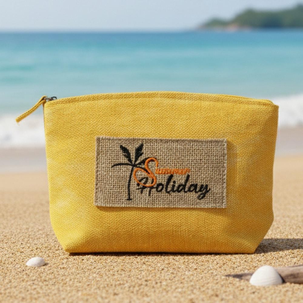 Canvas Pouch With "Summer Holiday" Burlap Patch Detail - Fill Zip Closure - Lined Body with Open Pocket - Approximately 9.5" L X 6" T X 2.5" D - 80% Polyester / 20% Burlap view 6