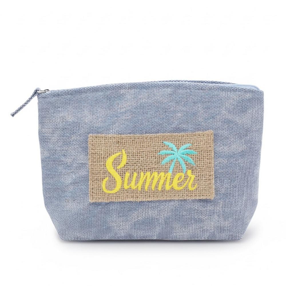 Canvas Pouch With "Summer" Burlap Patch Detail - Fill Zip Closure - Lined Body with Open Pocket - Approximately 9.5" L X 6" T X 2.5" D - 80% Polyester / 20% Burlap view 2
