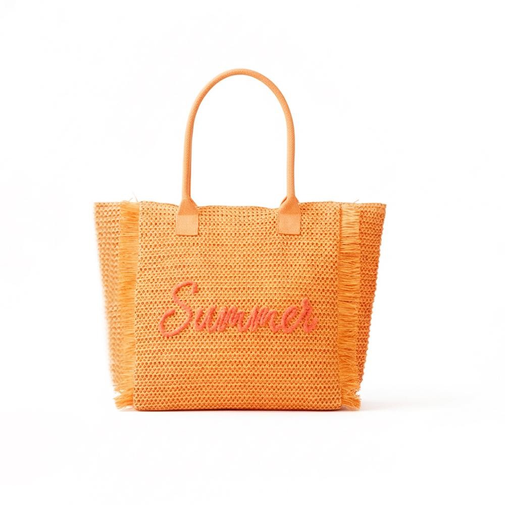 Woven Straw & Gold Lurex "Summer" Bag With Fringe Detail - Full Zip Closure - 1 Inner Pocket - Approximately 13.5" L X 14" T X 5" D - 100% Paper view 4