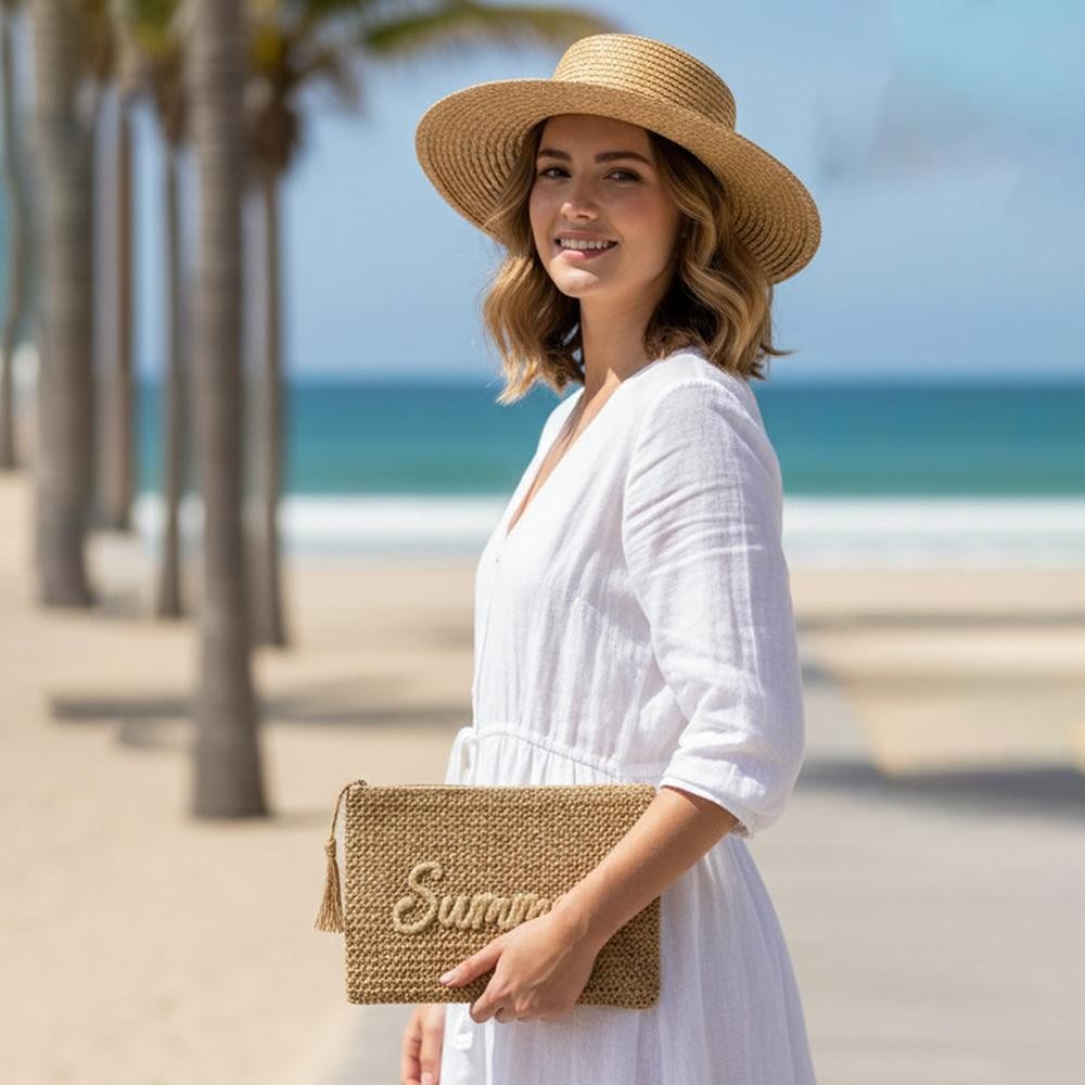 Woven Straw & Gold Lurex "Summer" Pouch - Full Zip Closure - 1 Inner Open Pocket - 100% Paper view 2